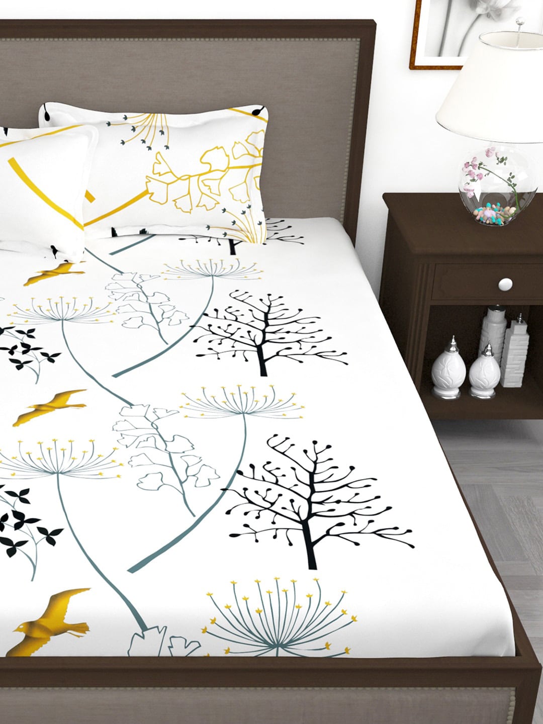 Story@home White & Blue Floral King Bedsheet with 2 Pillow Covers 
