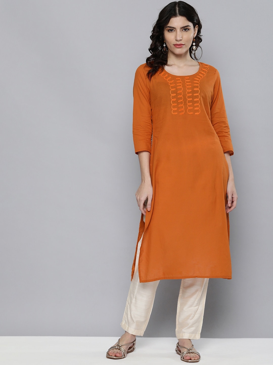 HERE&NOW Women Orange Embroidered Kurta