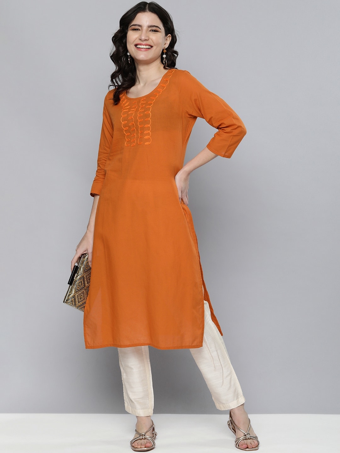 HERE&NOW Women Orange Embroidered Kurta