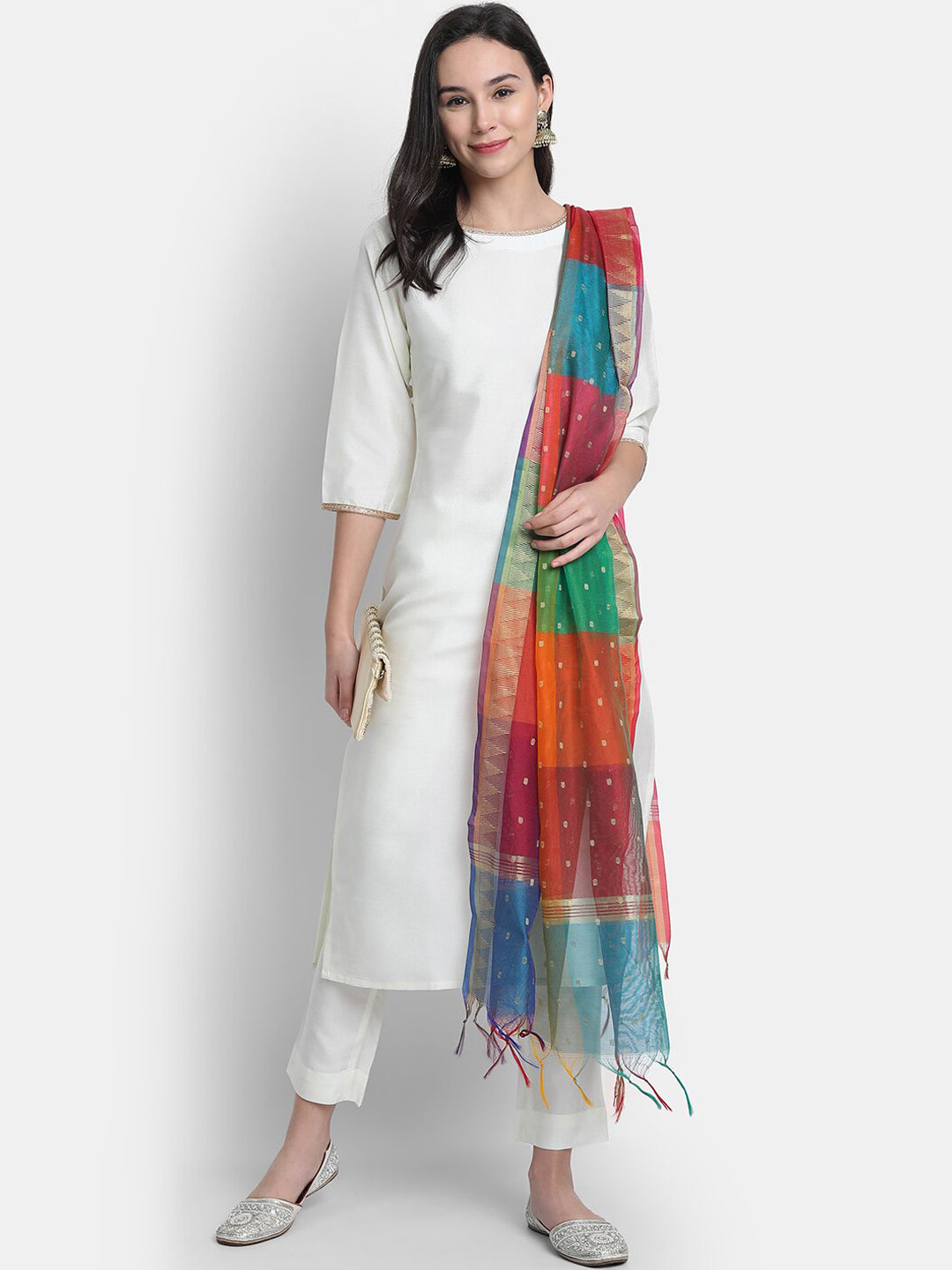 Janasya Women White Solid Kurta with Trousers & Dupatta