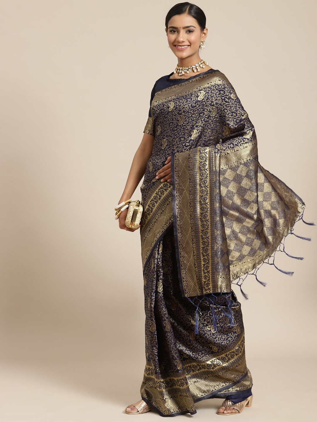 Grab2Buy Mall Navy Blue & Gold-Toned Ethnic Motifs Zari Silk Blend Banarasi Sarees 