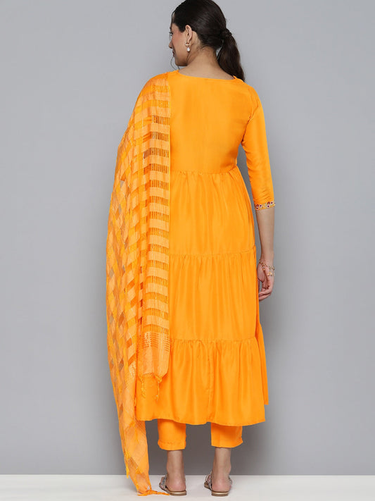 HERE&NOW Women Yellow Embroidered Kurta with Trousers & With Dupatta