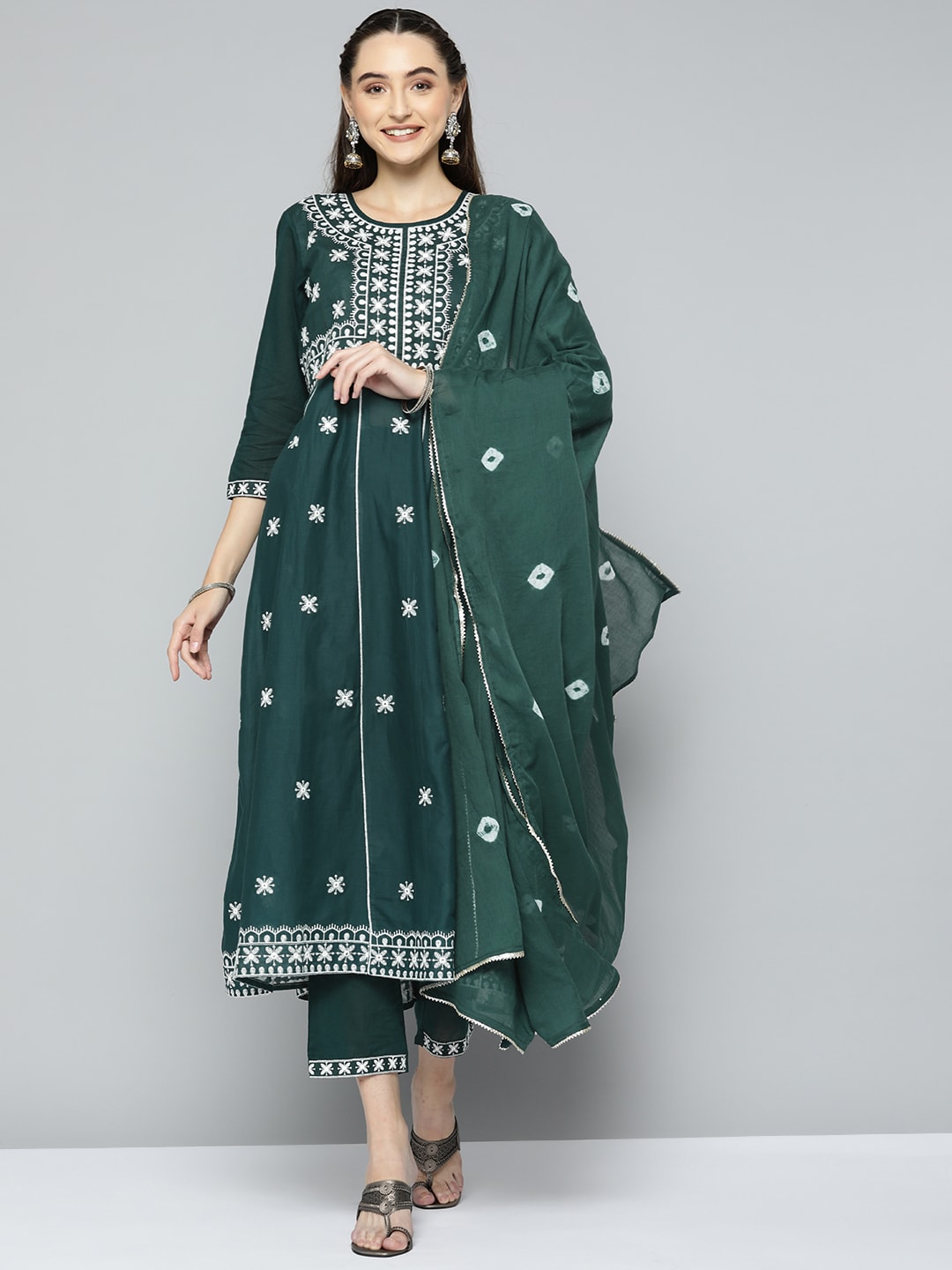 HERE&NOW Women Green & White Ethnic Motifs Embroidered Kurta with Trousers & With Dupatta