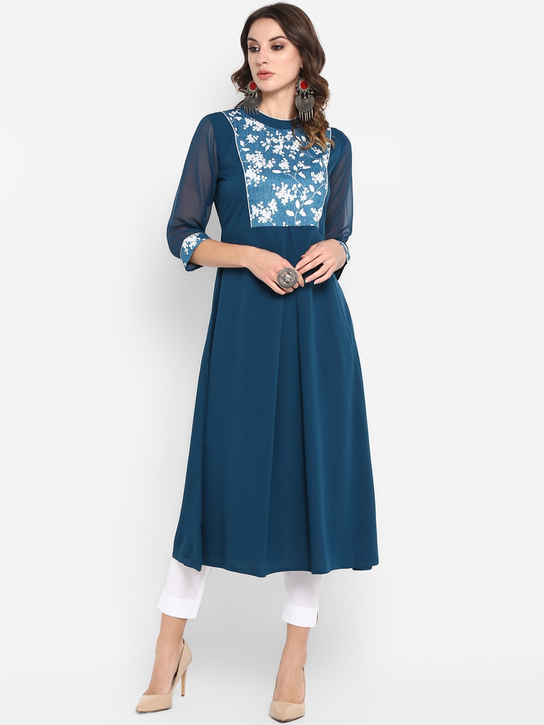 Janasya Women Turquoise Blue Yoke Design Anarkali Kurta