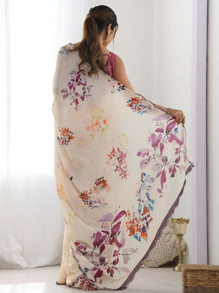 PR Fashion Cream Georgette Digital Print With Mirror Work Saree