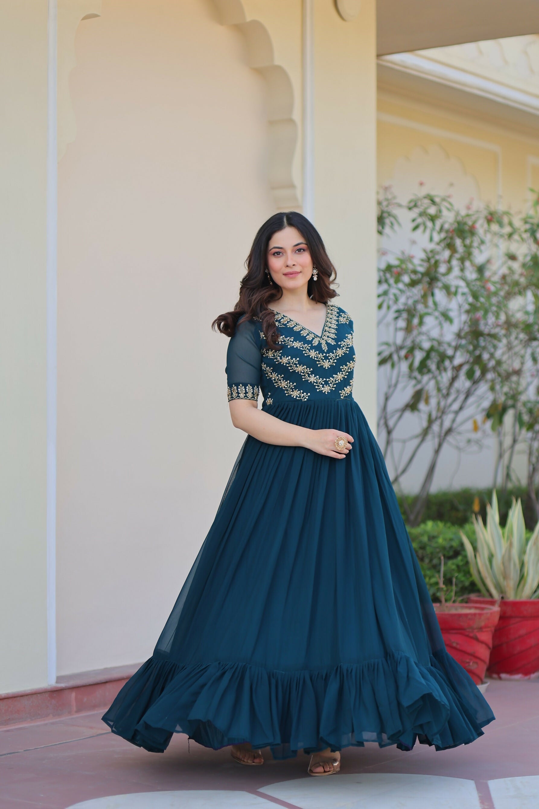 Joban Fashion Rama Green Georgette Sequence Embroidery Work Gown