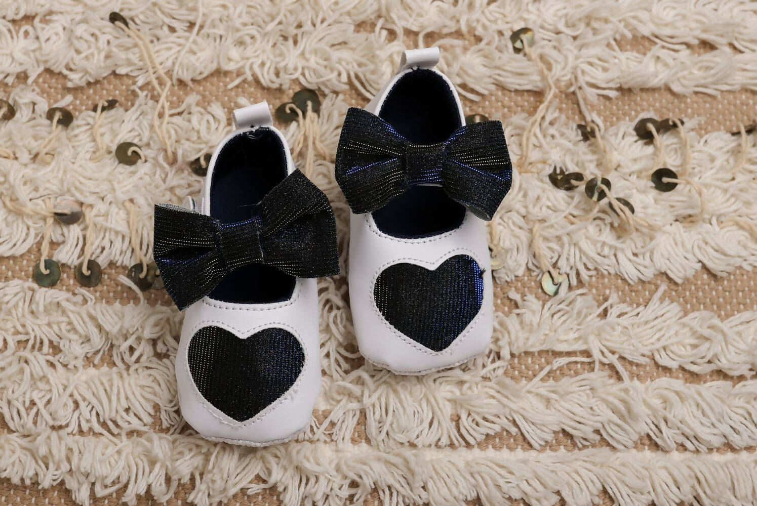 Tiny Bugs Girls Heart Bow Detailing Booties - White & Black  Grab2Buy Tiny Bugs Grab2Buy