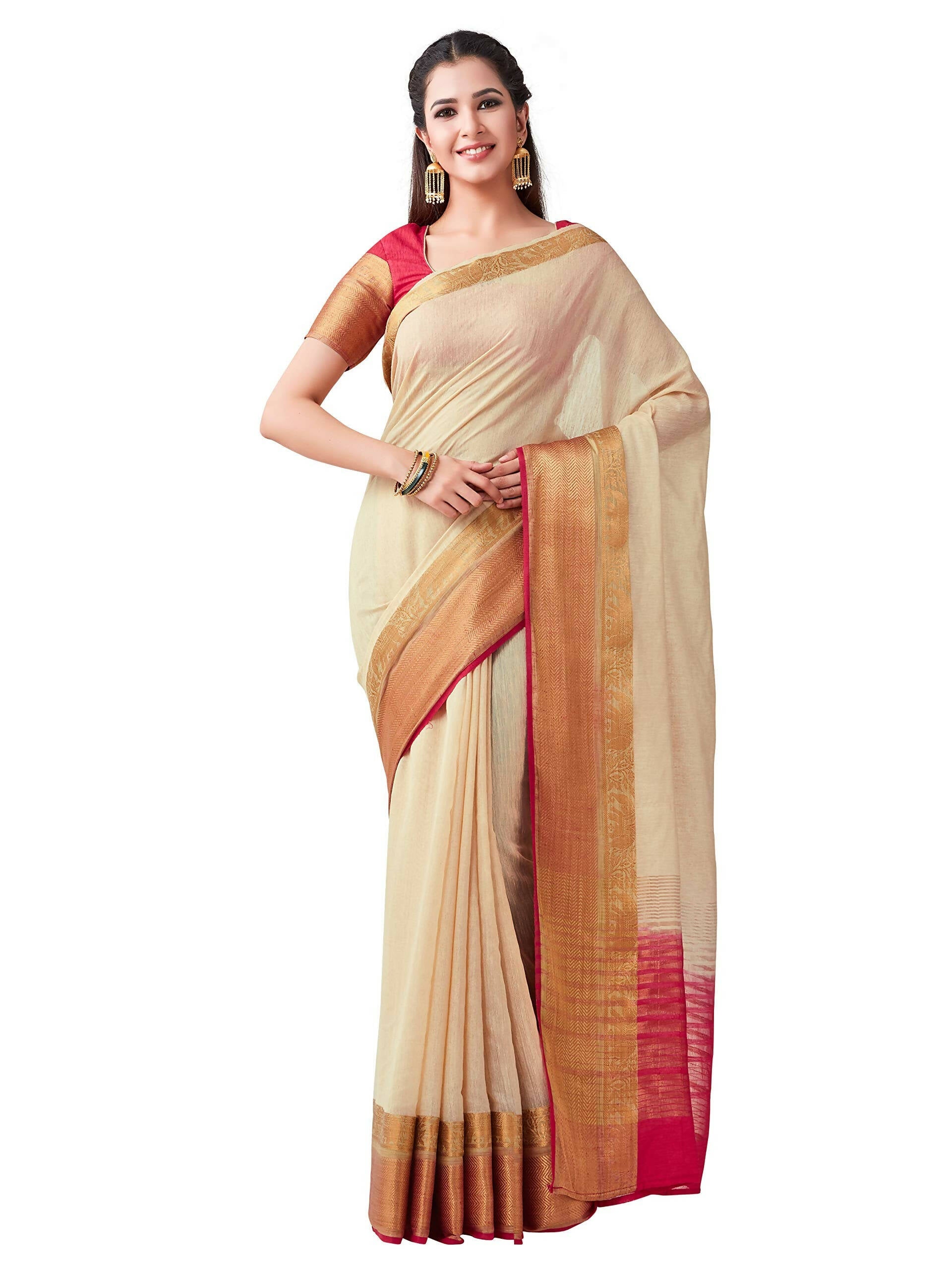Mimosa Women's Beige Kanchipuram Linen Saree