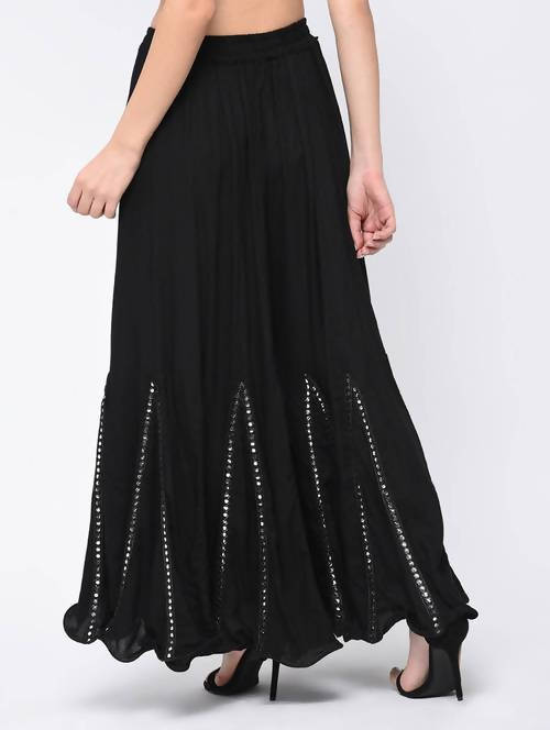 Mominos Fashion Black Viscose Rayon Flared Palazzo with Mirror Lace Work - Grab2buy