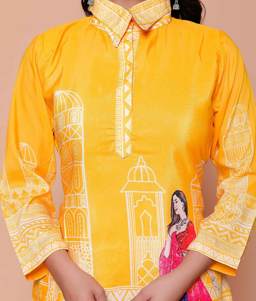 Miravan Womens Yellow Digital Printed Kurta Set