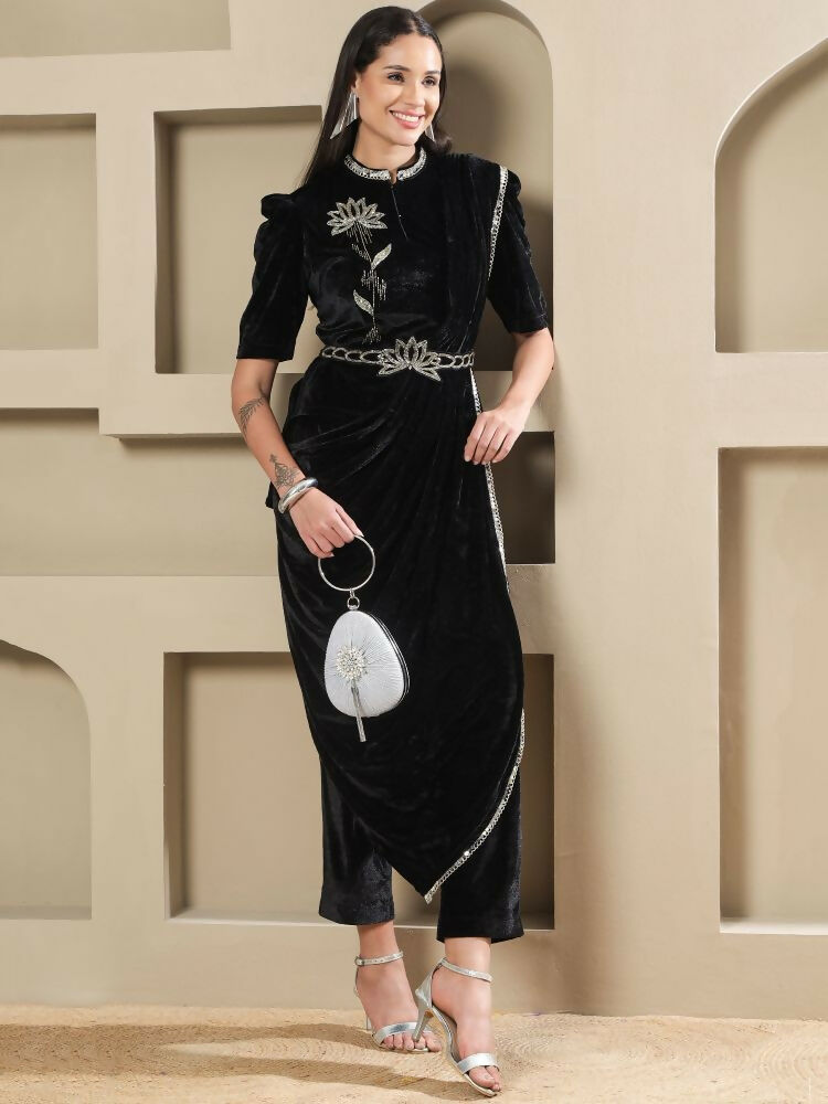 Joban Fashion Women Black Velvet Hand Embellishment Stitched Kurta Set