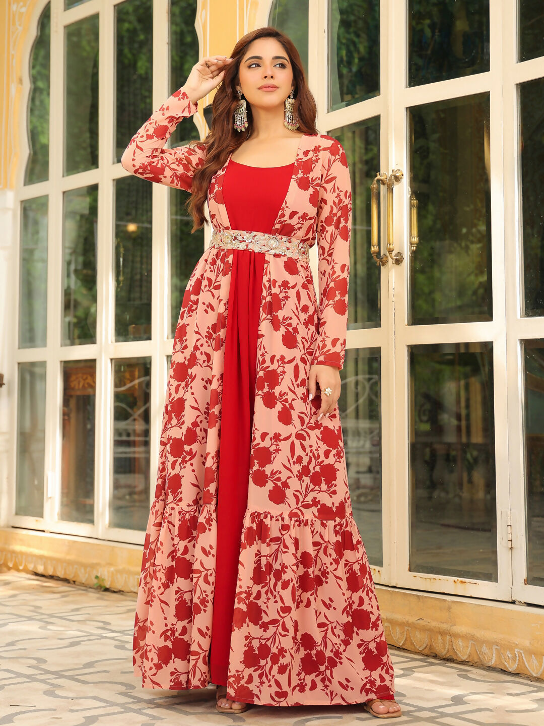 Janasya Maroon Georgette Solid Dress & Jacket 