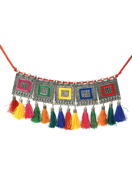 Mominos Fashion Johar Kamal Oxidised Silver-Plated Brass Finish Tassel Work Handicraft Choker For Women (Multi) - Grab2buy