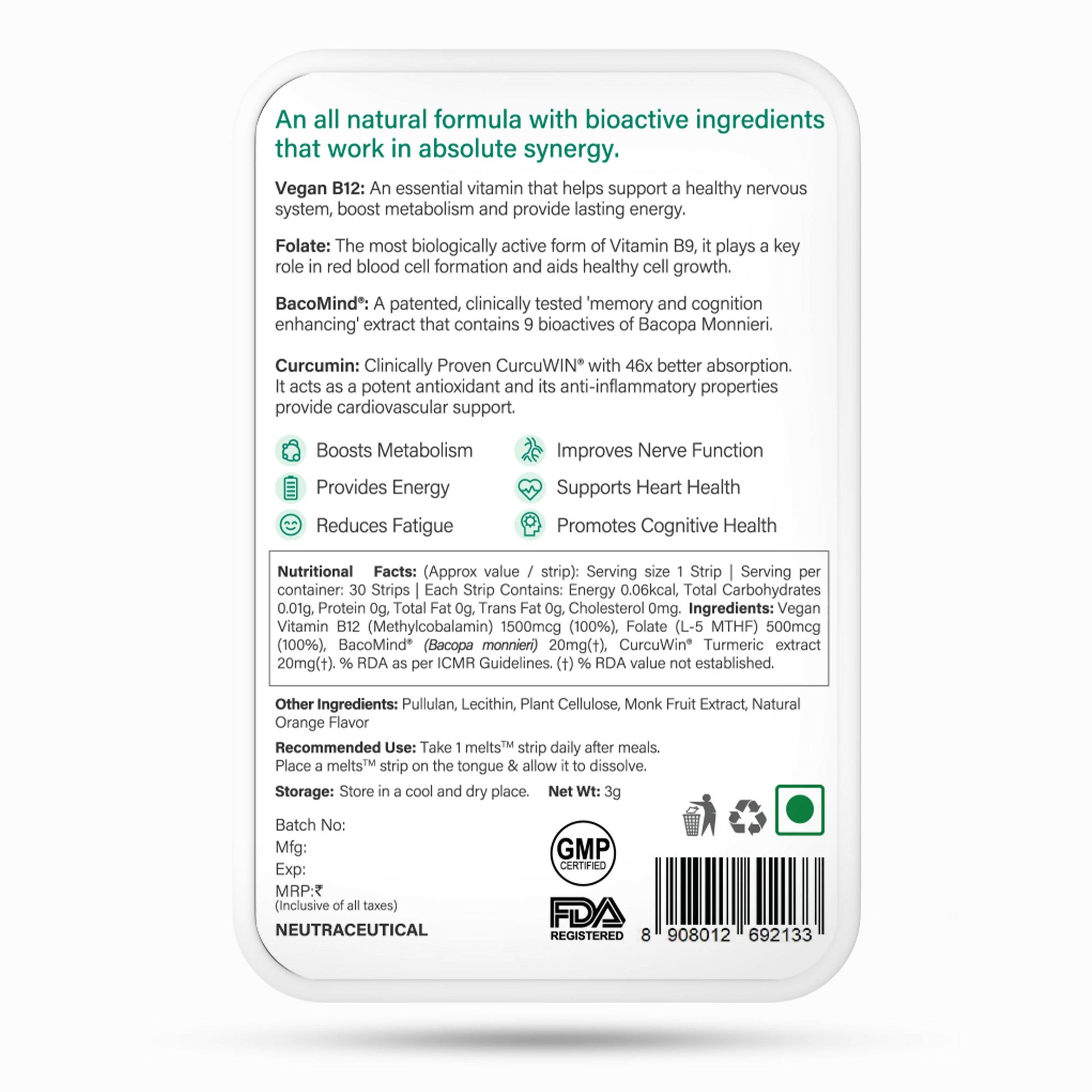 Wellbeing Nutrition Melts Vegan Vitamin B12 Thin Strips-Misty Orange Mint Flavor 