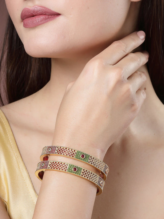 NVR Women's Set Of 2 Gold-Polished Red Kundan Traditional Bangles | Grab2Buy