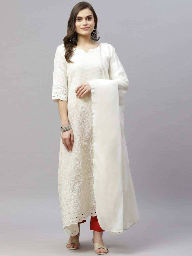 Miravan Women's Beige Embroidered Chikankari Kurta & Dupatta 