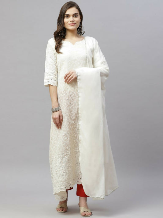 Miravan Women's Beige Embroidered Chikankari Kurta & Dupatta 