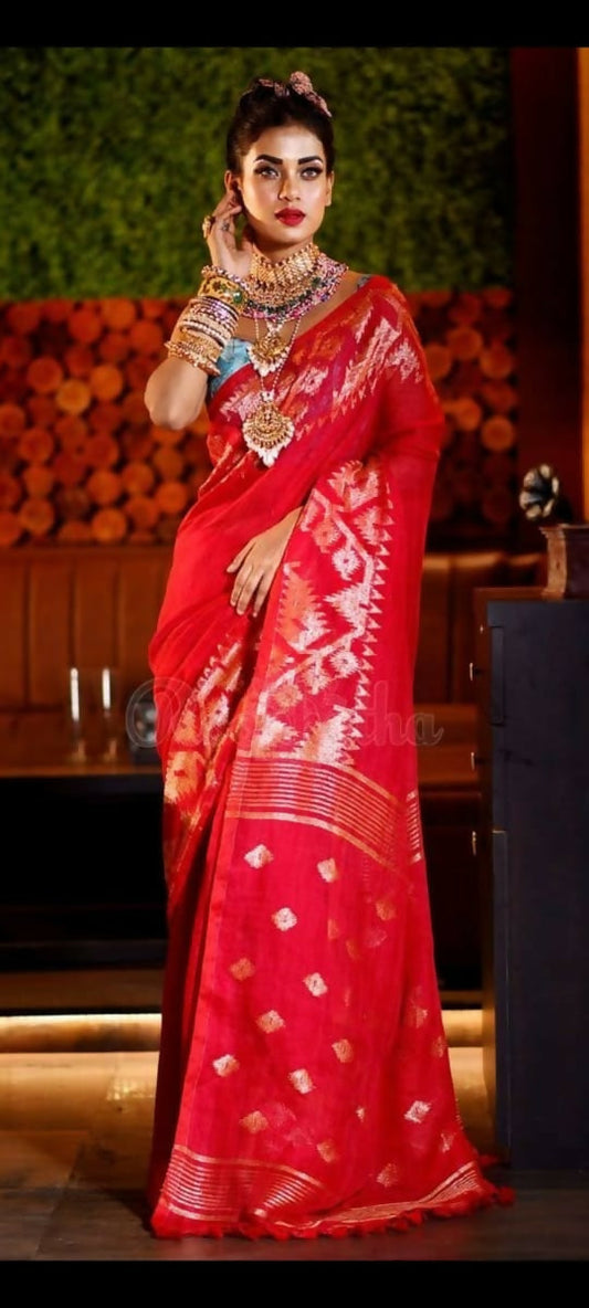 Exclusive Collection Red Beautiful Linen Jamdani Grab2Buy 