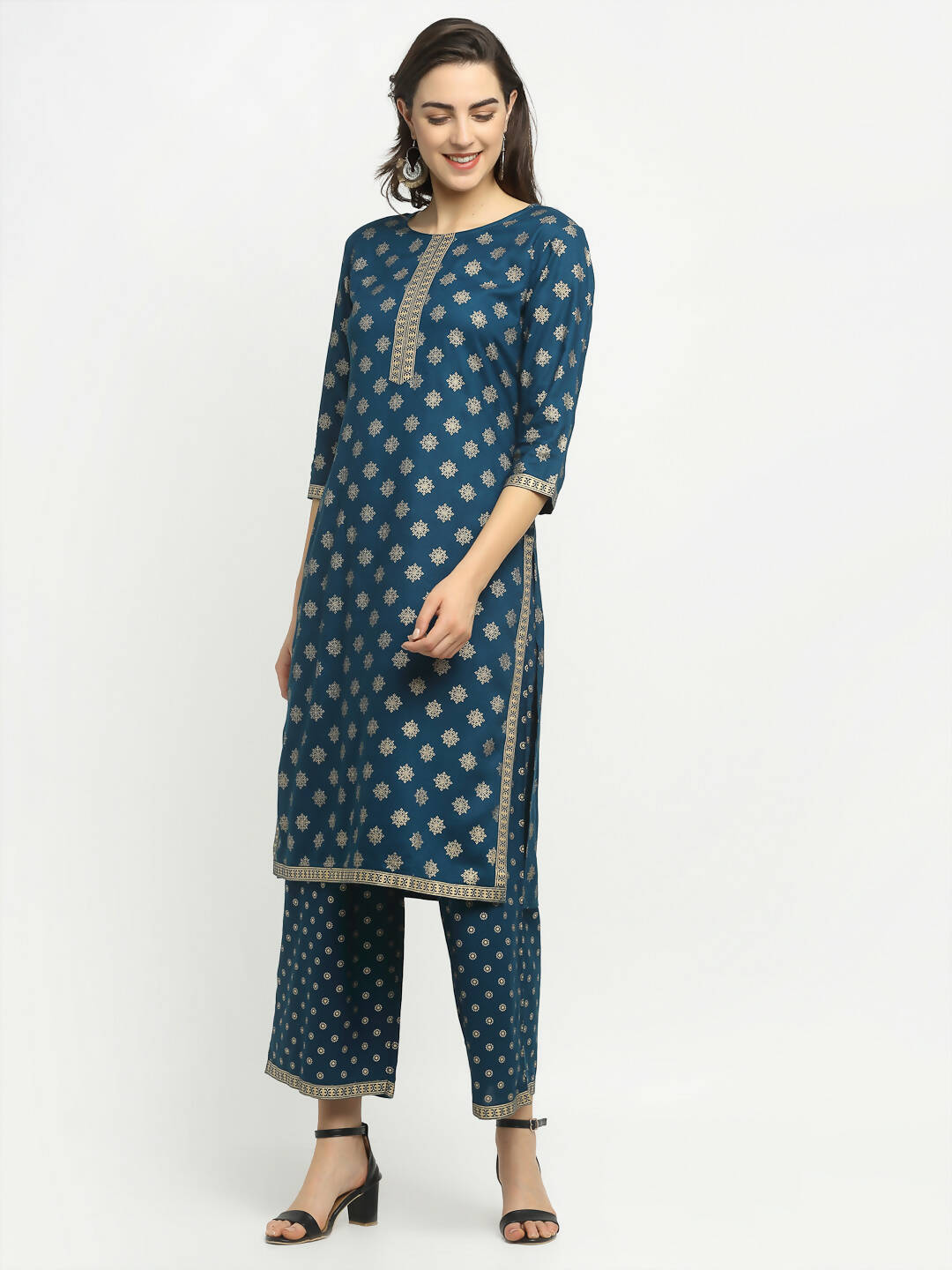 Rudra Bazaar Stright Gold Printed Kurti With Palazzo