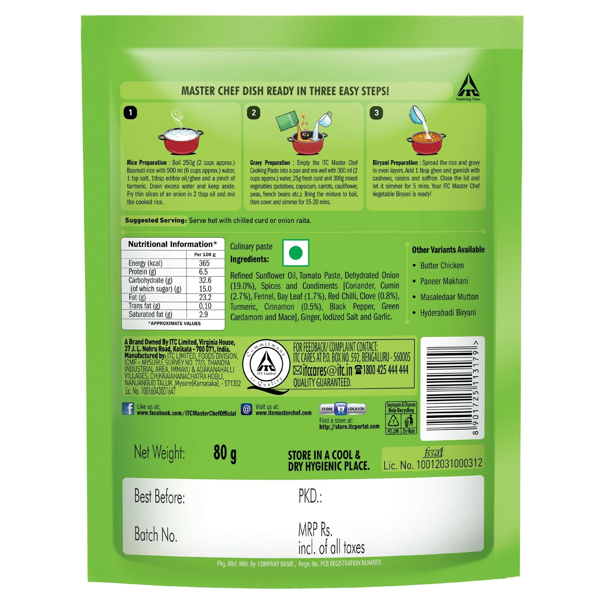 ITC Master Chef Vegetable Biryani Cooking Paste 