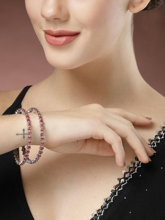 NVR Women's Set of 2 Pink CZ Stone-Studded Handcrafted Bangles 