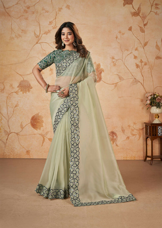 Light Green Net Organza Georgette Thread, Sequence, Cord Embroidered with Moti Work Saree - Mohmanthan Dakshika