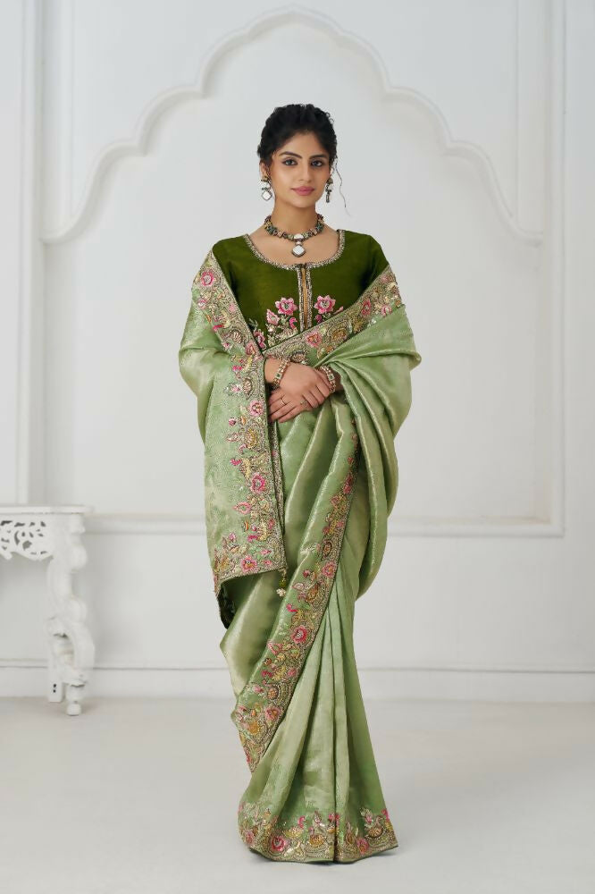 Kesar Fab Mehendi Color With Multi-Thread And Sequins Embroidery For Wedding Saree