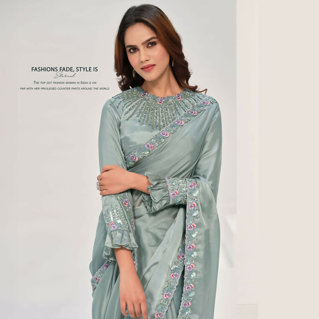 Sea Green Crepe Satin Silk Handwork Saree With Unstitched Blouse - Norita Saanjh