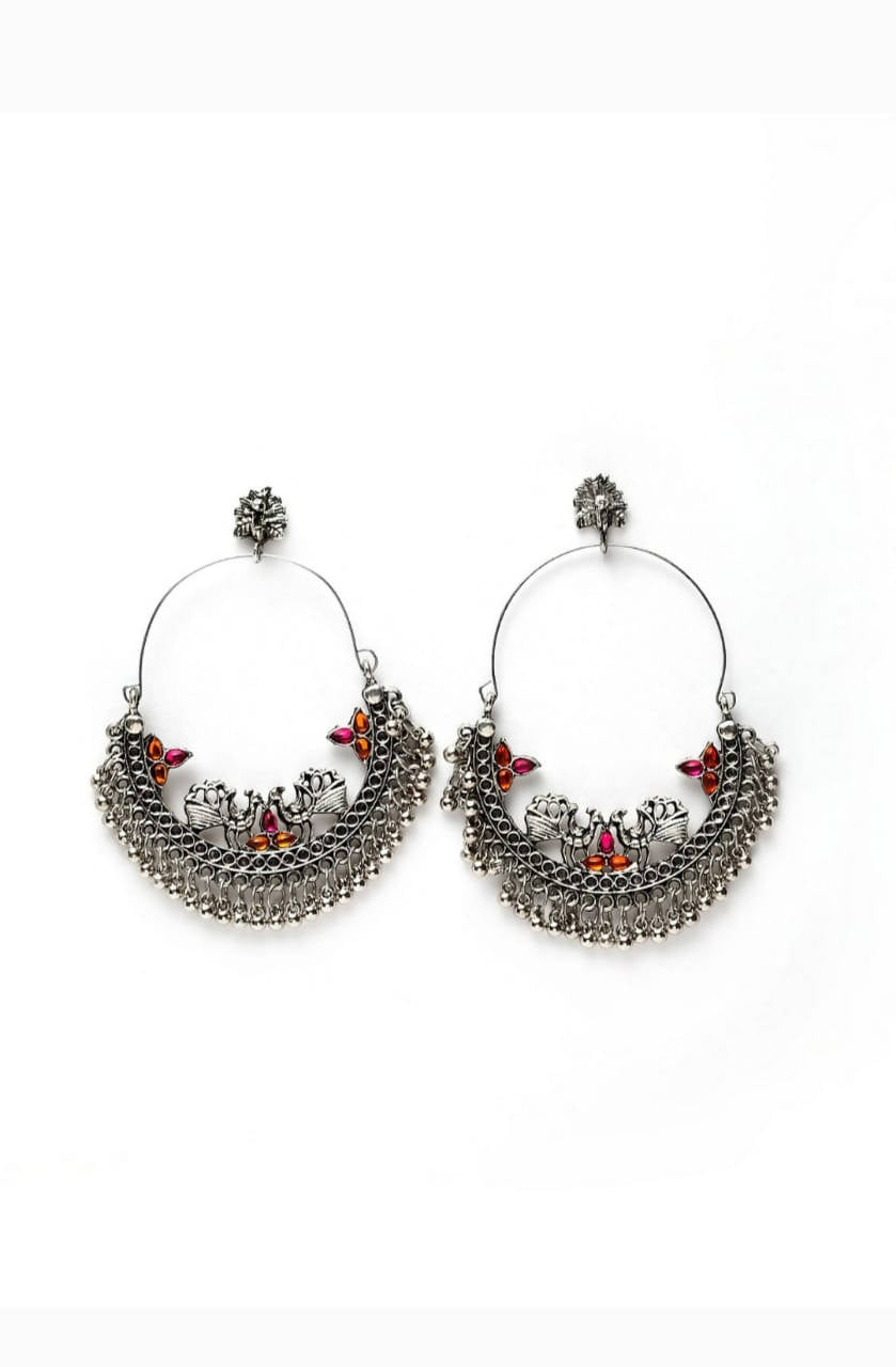 Mominos Fashion Silver-Plated Peacock Design Multi-Color Chandbali Earrings 