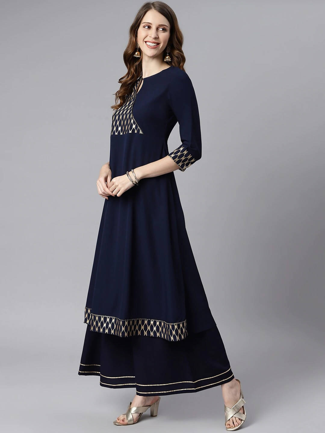 Janasya Women Navy Blue & Gold-Toned Printed Yoke Design Keyhole Neck Crepe Anarkali Kurta
