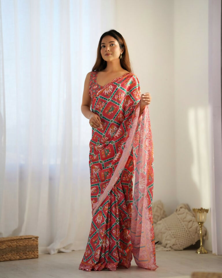 Red Chinon Designer Digital Printed & Mirror Cut Work Saree - Kriti
