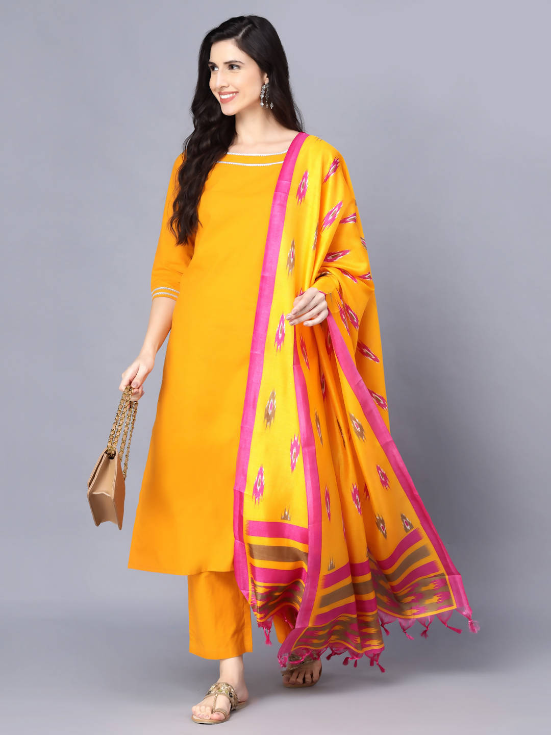 Myshka Women Mustard Yellow Pure Cotton Kurta with Trousers With Dupatta