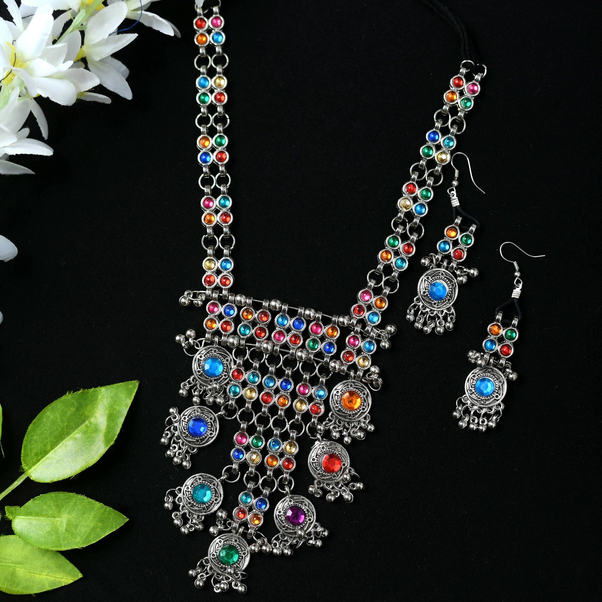 Mominos Fashion Johar Kamal Oxidised Silver-Plated Brass Finish Multi Kundan Afghani Long Necklace For Women - Grab2buy