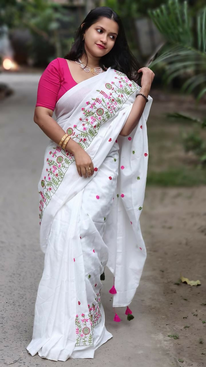 Exclusive Collection White Pure Cotton Handloom Embroidered Grab2Buy 