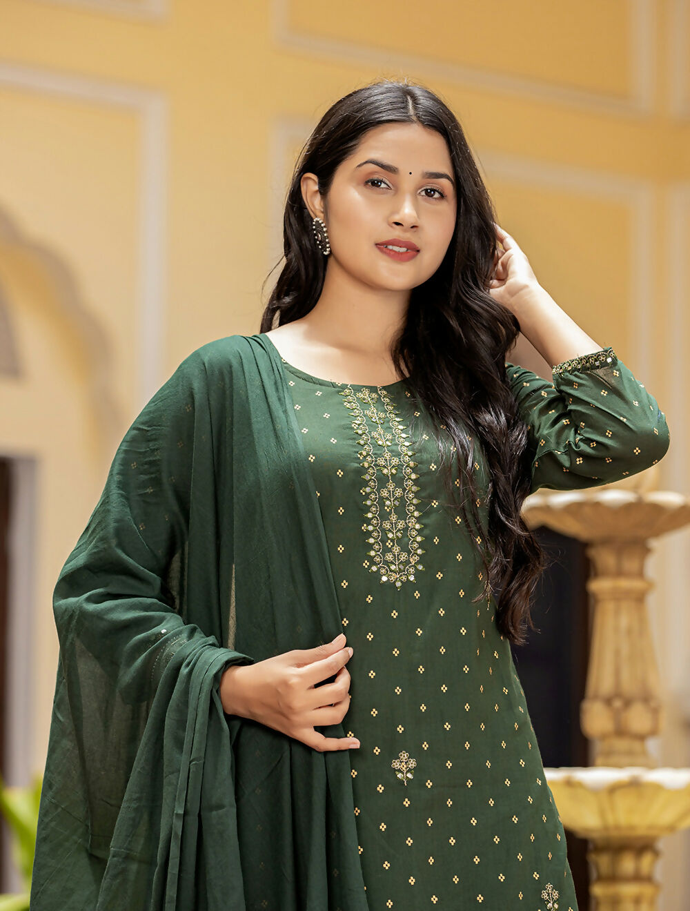 Kaajh Women's Green Gold Printed Cotton Kurta Sharara With Dupatta Set