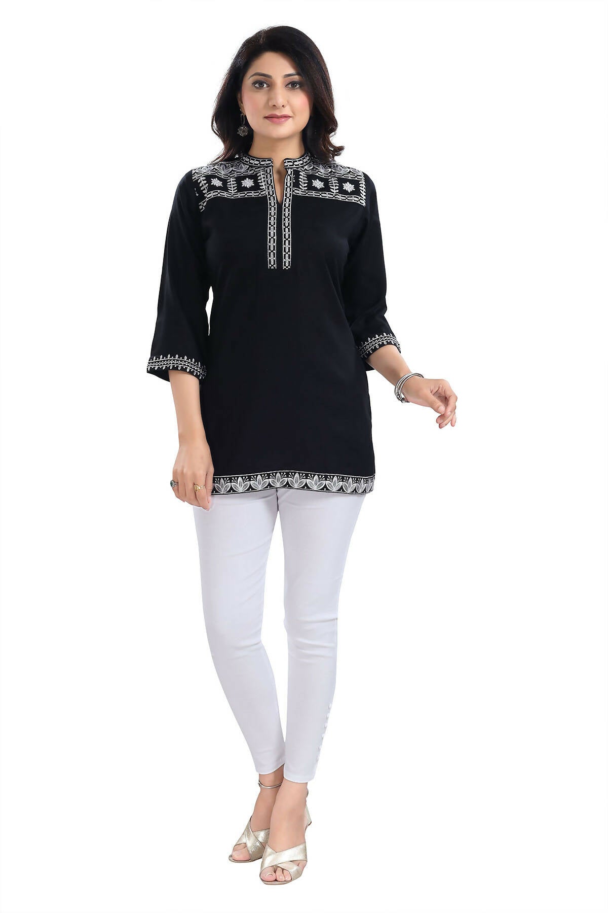 Snehal Creations Blissful Black Women Embroidered Boho Chic Tunic Top
