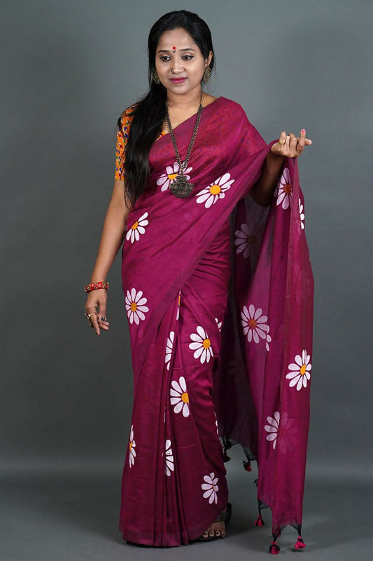 Exclusive Collection Maroon Pure Cotton Grab2Buy With Sunflower Design 