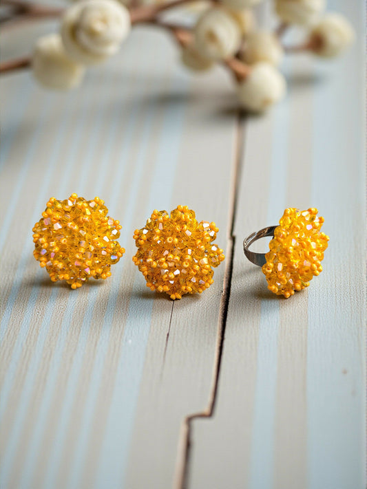 Inhanns Rangmani Crystal Duo – Adjustable Ring + Statement Earrings Set - Yellow
