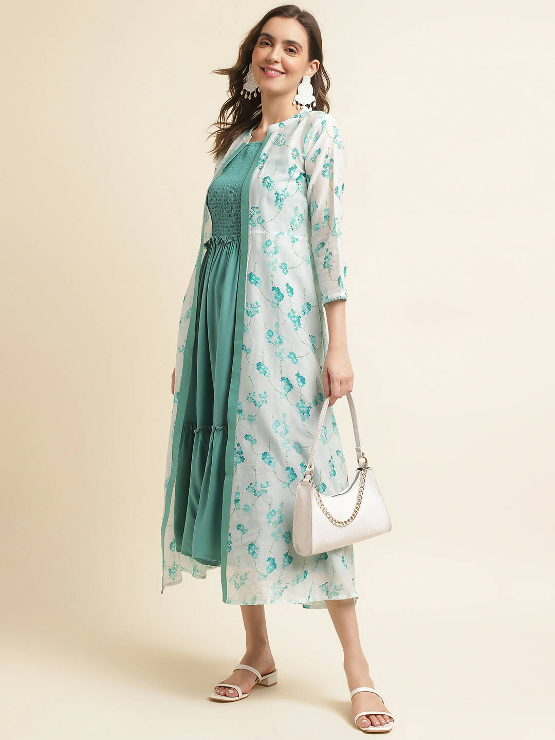 Light Blue Cotton Solid Flared Dress with Printed Shrug - Yukti