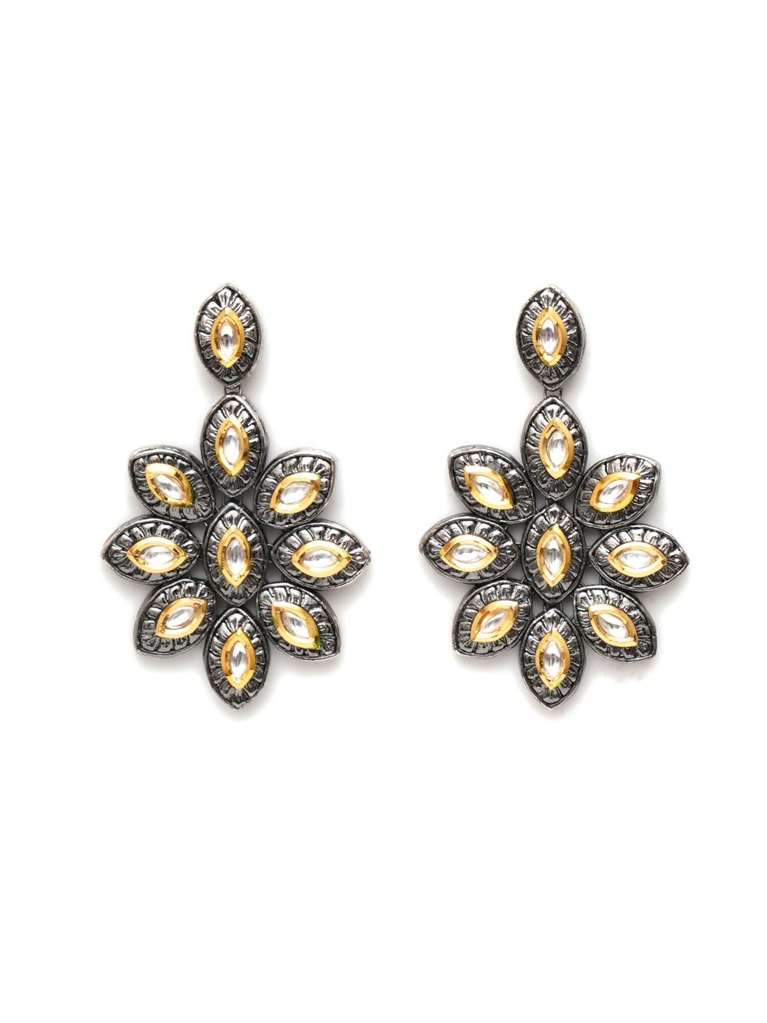 Dual Tone Kundan Flower Studs (silver) - Ruby Raang - Grab2buy