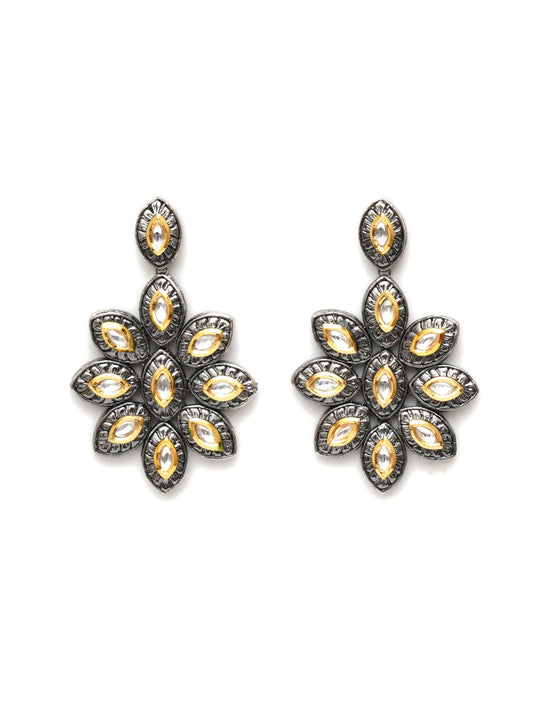 Dual Tone Kundan Flower Studs (silver) - Ruby Raang - Grab2buy