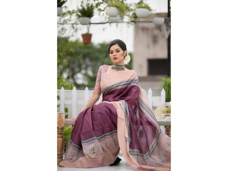 Aastha Fashion Women's Wine Tussar Silk Digital Printed Saree with Blouse - Grab2buy