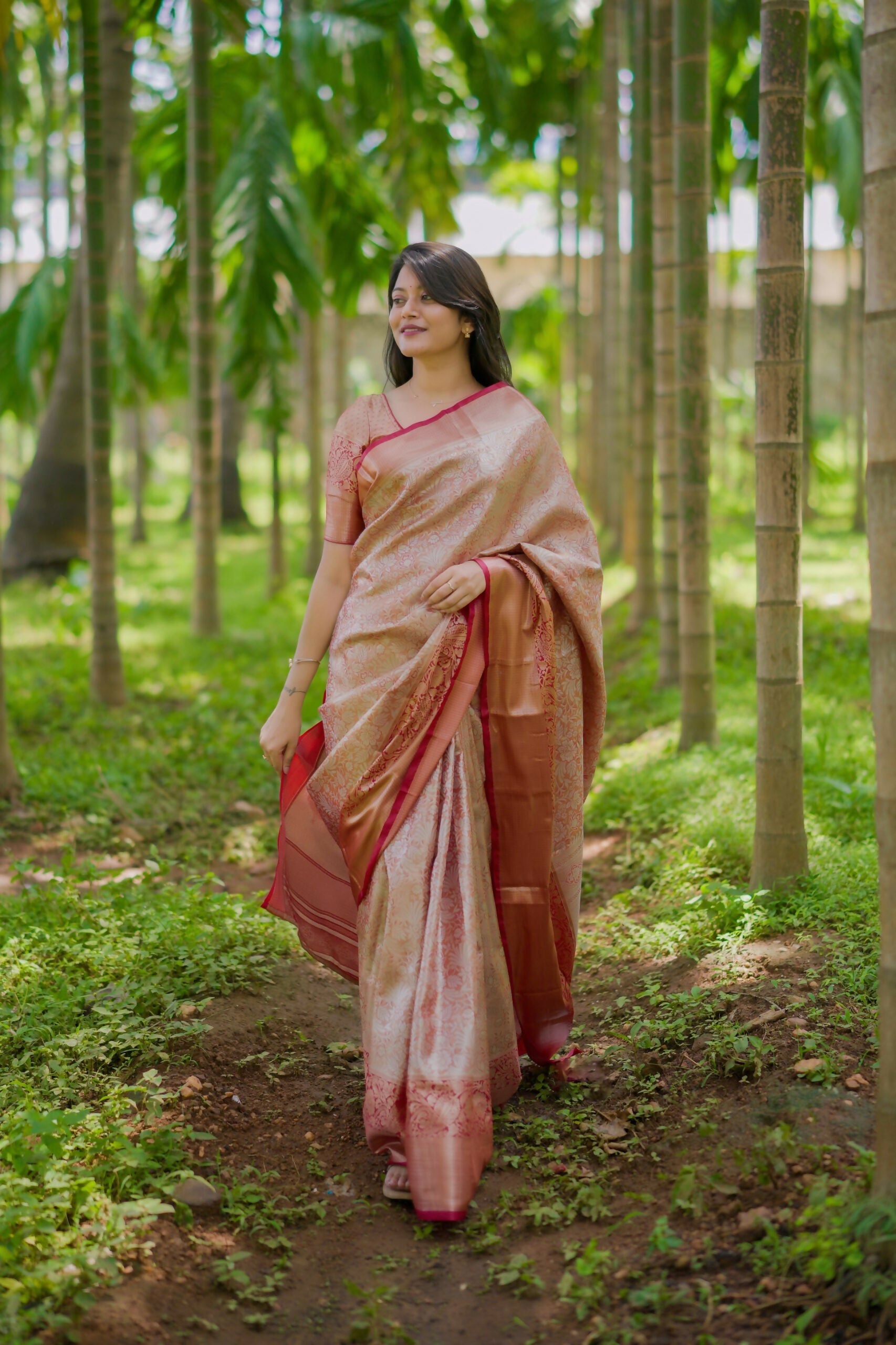 Prime Volt Bridal Kanchipuram Silk Saree with Rich Zari Weaving & Contrast Border-Orange