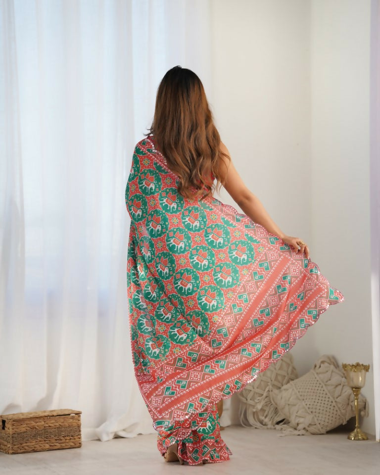 Green Chinon Designer Digital Printed & Mirror Cut Work Saree - Kriti