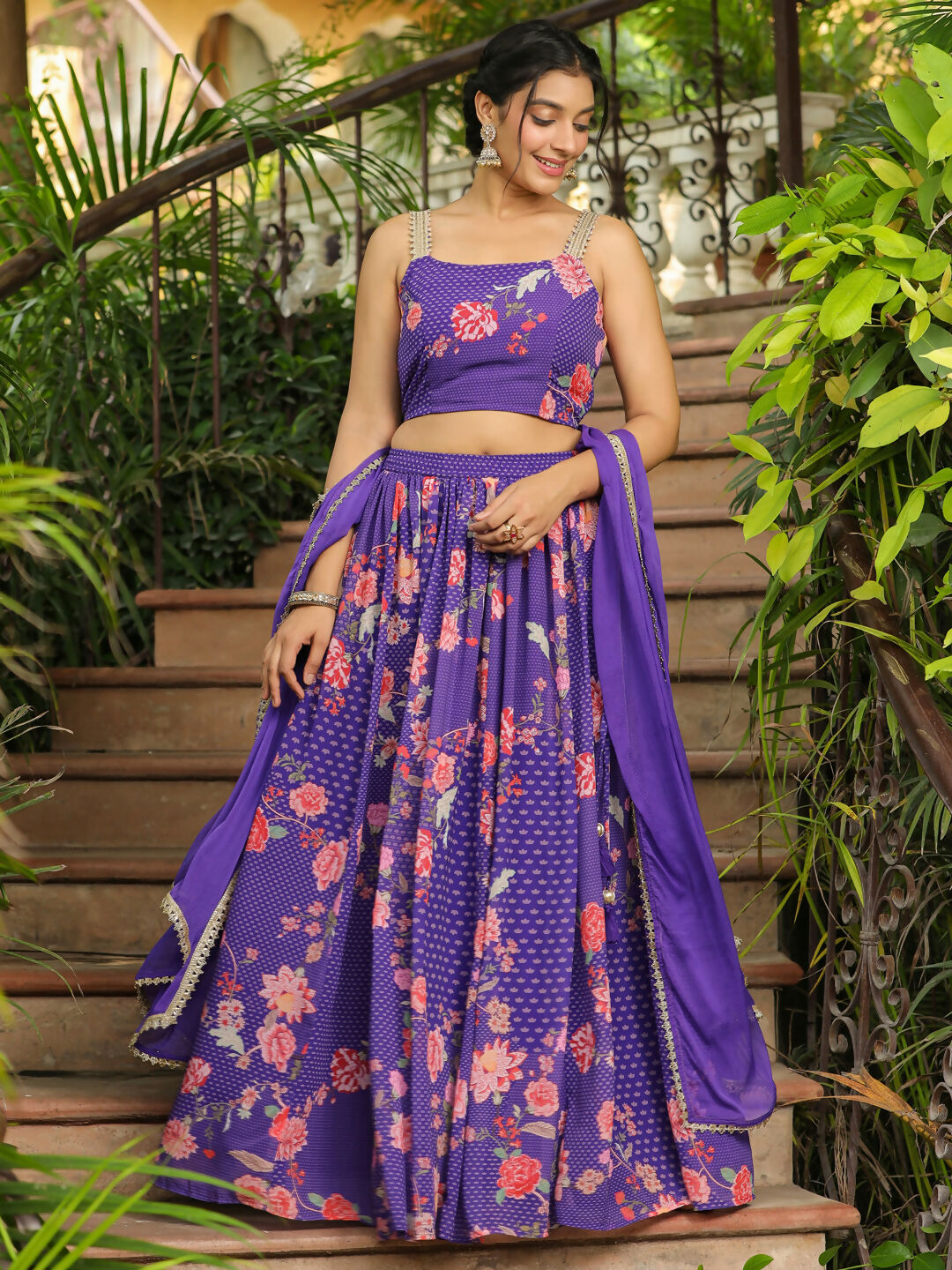 Janasya Purple Georgette Floral Lehenga Choli Dupatta 