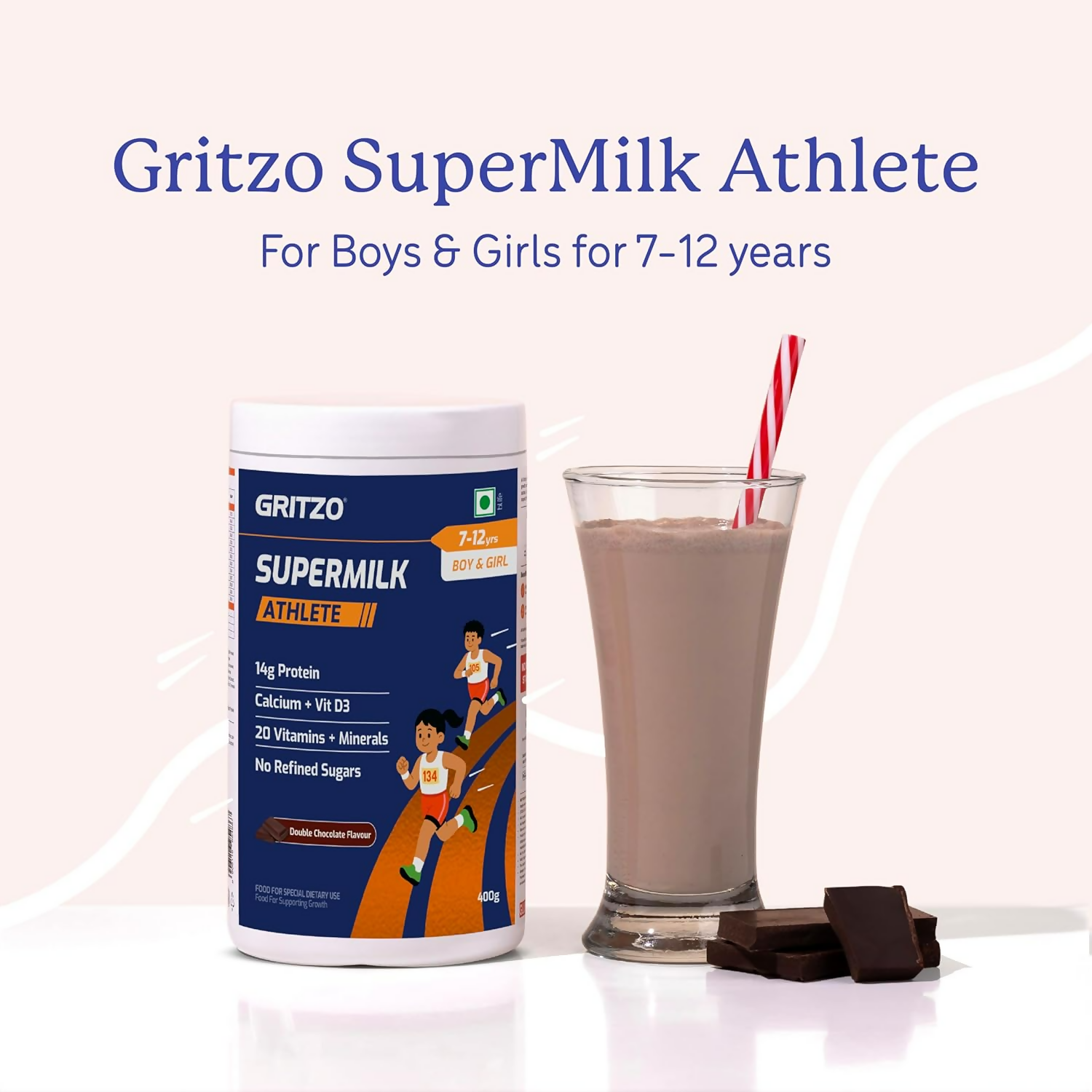 Gritzo SuperMilk Athlete (7-12y Boy & Girl), 14g Protein Powder (Double Chocolate)