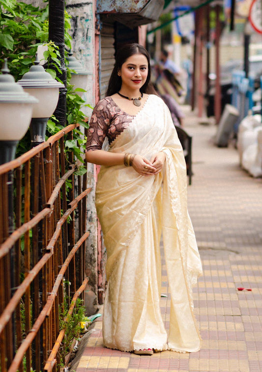 Cream Poly Silk Ethnic Motifs Saree with Unstitched Blouse - A2M