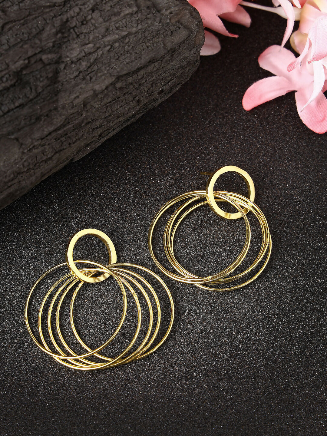 NVR Women Golden Linked Round Circle Attached Drop Earrings - Grab2buy