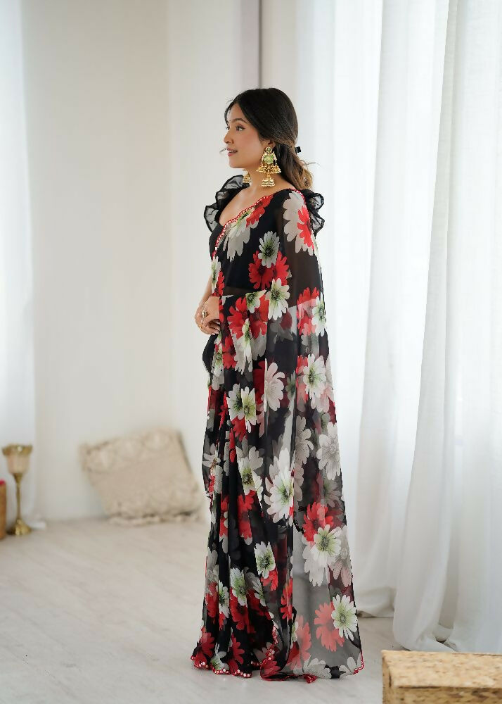 PR Fashion Black Georgette Printed With Mirror Work Saree