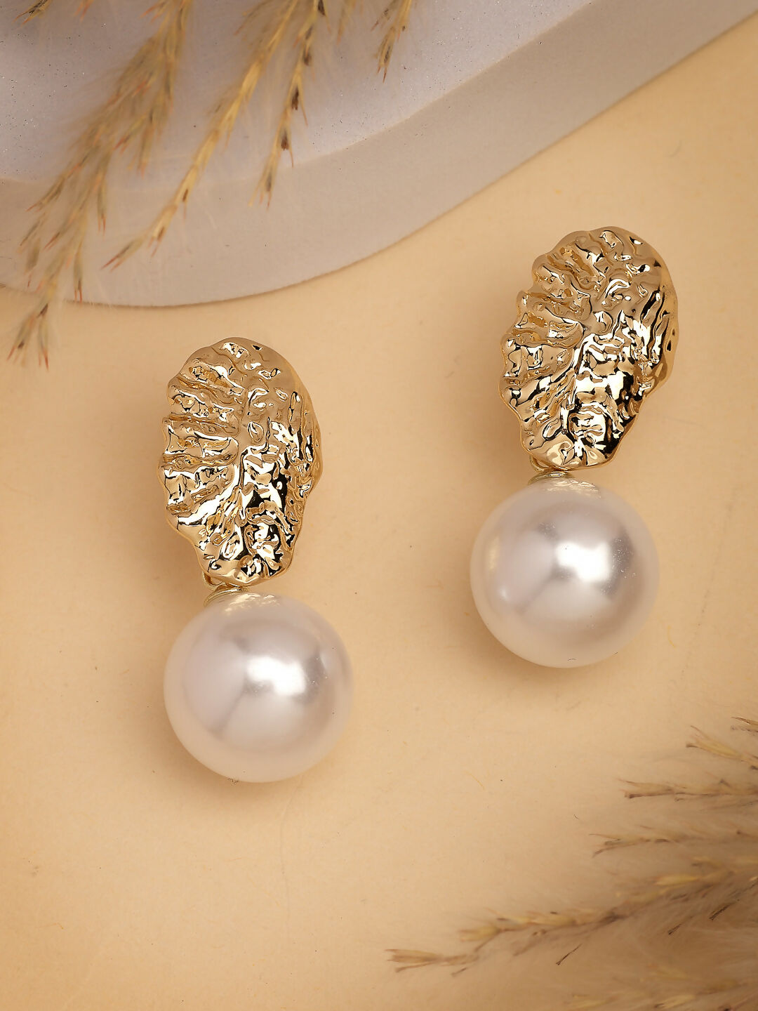 NVR Women's Gold-Polished White Pearl Drop Earrings 
